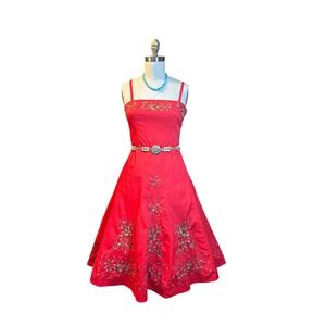 Embroidered Floral Signature by Robbie Bee Fit Flare Dress 8 Red